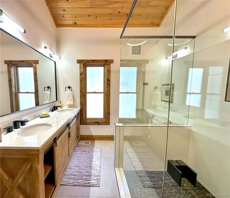 Bathroom, Dual Sink Vanities, Glass Shower, Interior, Wooden Ceilings