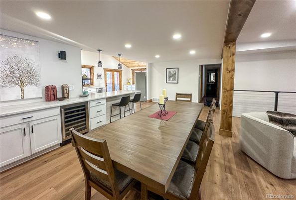 Dining room, Interior, Pendant Lights, Recessed Lighting, Wood Texture Flooring