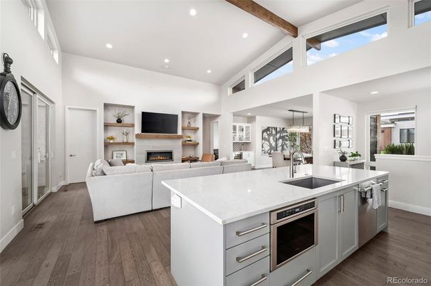 Fireplace, Interior, Kitchen, Living room, Pendant Lights, Recessed Lighting, Wooden Beams, Wood Texture Flooring
