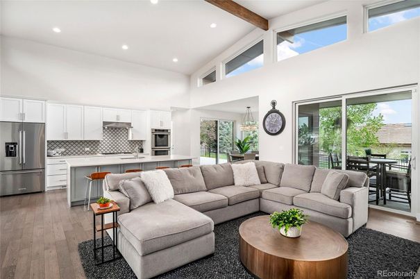 Dining room, Interior, Kitchen, Living room, Recessed Lighting, Stainless Steel Appliances, Wooden Beams, Wood Texture Flooring