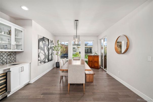 Dining room, Interior, Pendant Lights, Recessed Lighting, Wood Texture Flooring