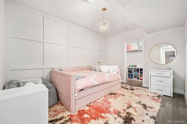 Bedroom, Chandelier, Interior, Wood Texture Flooring