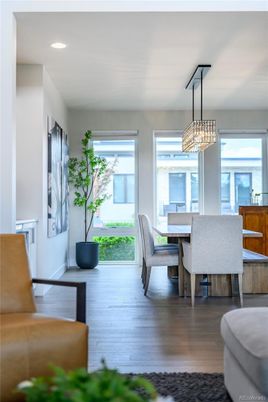 Dining room, Interior, Pendant Lights, Recessed Lighting, Wood Texture Flooring