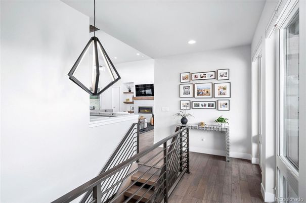 Fireplace, Interior, Pendant Lights, Recessed Lighting, Wood Texture Flooring