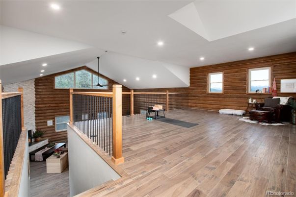 Fireplace, Interior, Recessed Lighting, Wood Texture Flooring, Wooden Walls