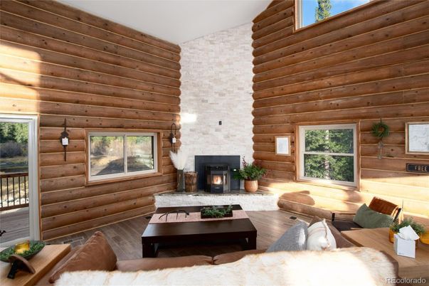 Fireplace, Interior, Living room, Stone Walls, Wood Texture Flooring, Wooden Walls