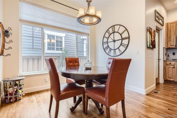 Dining room, Interior, Pendant Lights, Wood Texture Flooring