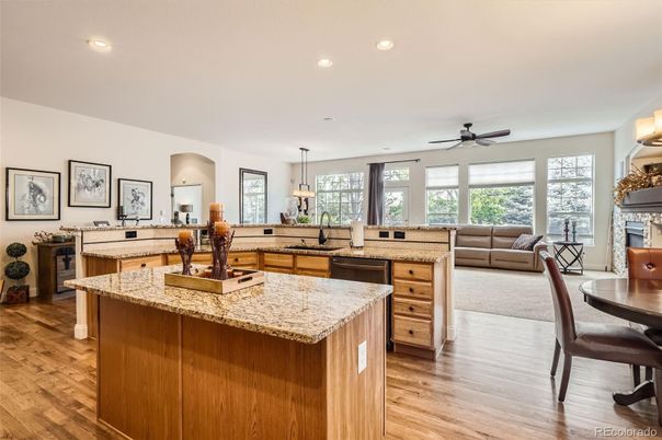 Fireplace, Interior, Kitchen, Living room, Pendant Lights, Recessed Lighting, Wood Texture Flooring