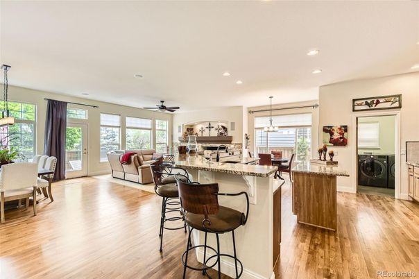 Dining room, Interior, Living room, Pendant Lights, Recessed Lighting, Wood Texture Flooring