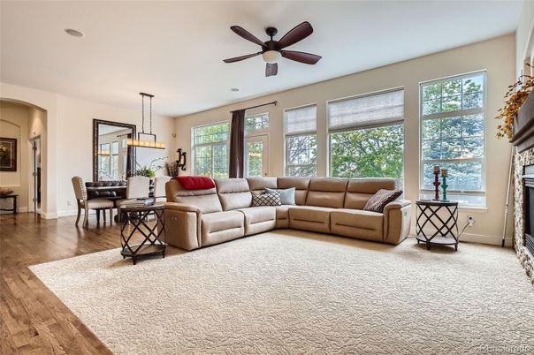 Dining room, Fireplace, Interior, Living room, Pendant Lights, Wood Texture Flooring