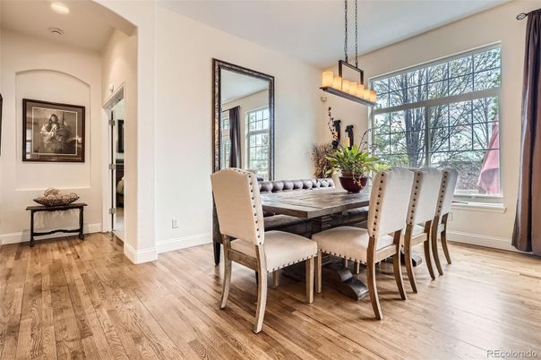 Dining room, Interior, Pendant Lights, Recessed Lighting, Wood Texture Flooring