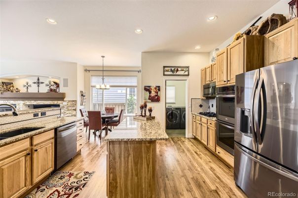 Chandelier, Dining room, Interior, Kitchen, Pendant Lights, Recessed Lighting, Wood Texture Flooring