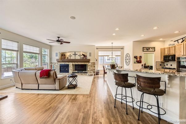 Dining room, Fireplace, Interior, Kitchen, Living room, Pendant Lights, Recessed Lighting, Wood Texture Flooring