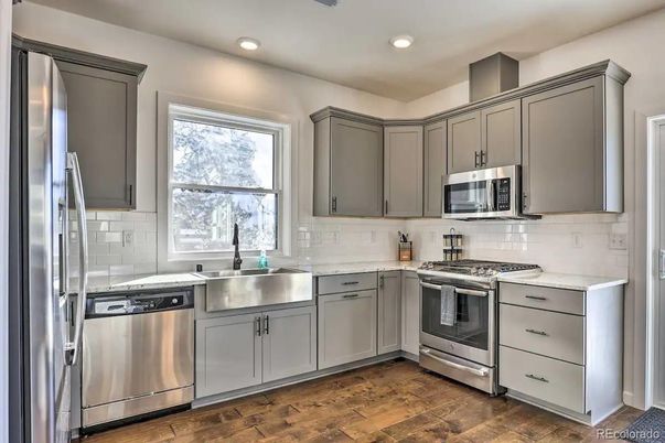 Interior, Kitchen, Recessed Lighting, Stainless Steel Appliances, Wood Texture Flooring