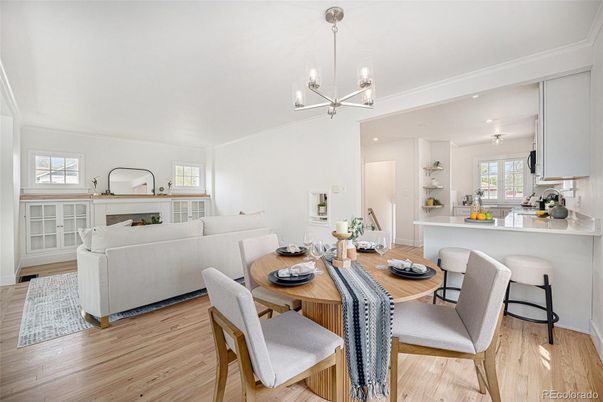 Dining room, Fireplace, Interior, Kitchen, Living room, Pendant Lights, Recessed Lighting, Wood Texture Flooring