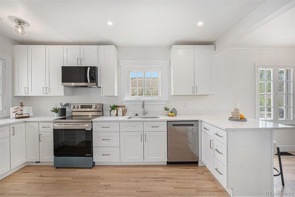 Interior, Kitchen, Recessed Lighting, Stainless Steel Appliances, Wood Texture Flooring