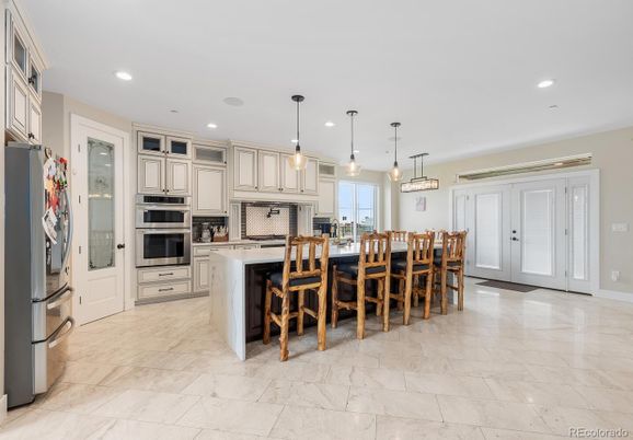 Interior, Kitchen, Marble, Pendant Lights, Recessed Lighting, Stainless Steel Appliances
