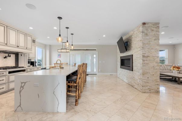Fireplace, Interior, Kitchen, Pendant Lights, Recessed Lighting, Stainless Steel Appliances