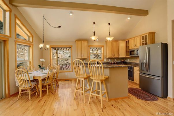 Dining room, Interior, Kitchen, Pendant Lights, Recessed Lighting, Wooden Beams, Wood Texture Flooring
