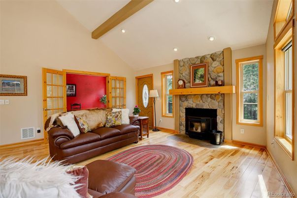 Fireplace, Interior, Living room, Recessed Lighting, Wooden Beams, Wood Texture Flooring