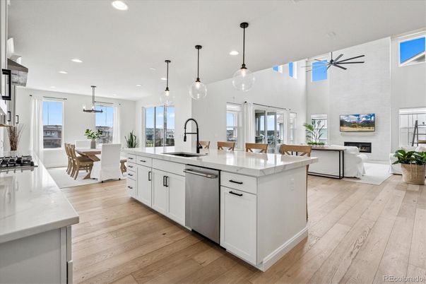 Dining room, Fireplace, Interior, Kitchen, Living room, Pendant Lights, Recessed Lighting, Stainless Steel Appliances, Wood Texture Flooring