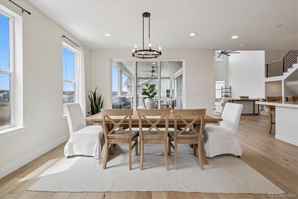 Dining room, Interior, Pendant Lights, Recessed Lighting, Wood Texture Flooring