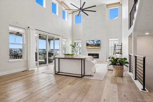 Fireplace, Interior, Living room, Pendant Lights, Recessed Lighting, Wood Texture Flooring