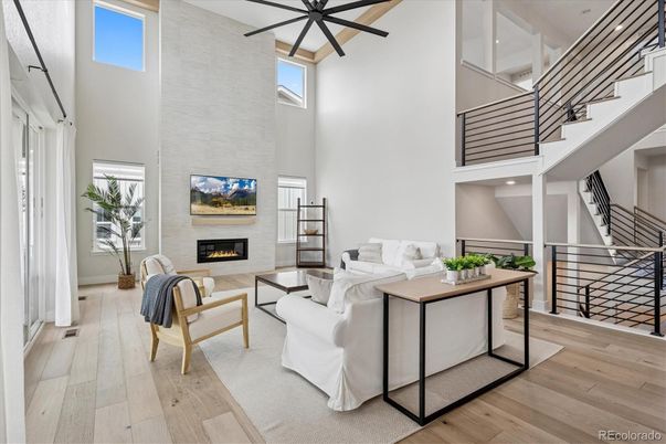 Fireplace, Interior, Living room, Recessed Lighting, Wood Texture Flooring