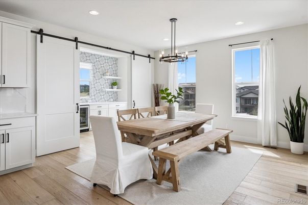 Dining room, Interior, Pendant Lights, Recessed Lighting, Wood Texture Flooring