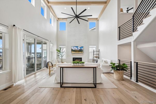 Fireplace, Interior, Living room, Pendant Lights, Recessed Lighting, Wood Texture Flooring