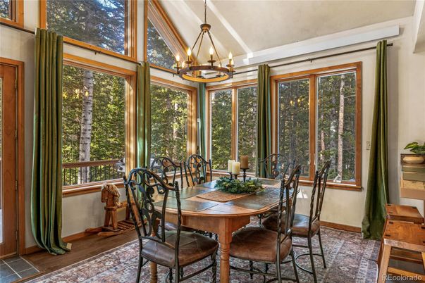 Dining room, Interior, Pendant Lights, Wood Texture Flooring