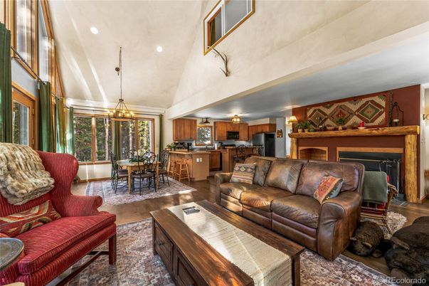 Dining room, Fireplace, Interior, Kitchen, Living room, Pendant Lights, Recessed Lighting, Wood Texture Flooring