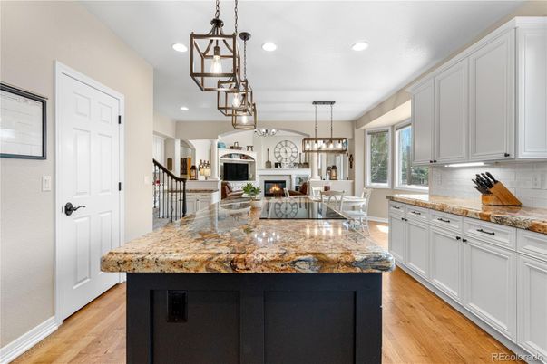 Dining room, Fireplace, Interior, Kitchen, Pendant Lights, Recessed Lighting, Wood Texture Flooring