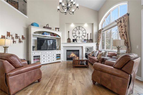 Chandelier, Fireplace, Interior, Living room, Recessed Lighting, Wood Texture Flooring