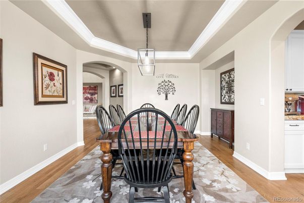 Dining room, Interior, Pendant Lights, Wood Texture Flooring