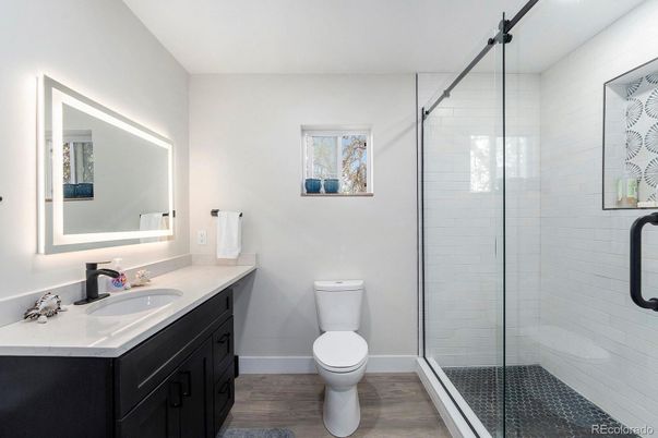 Bathroom, Glass Shower, Interior, Wood Texture Flooring