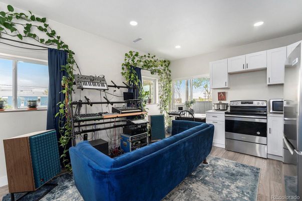 Interior, Kitchen, Living room, Recessed Lighting, Stainless Steel Appliances, Wood Texture Flooring