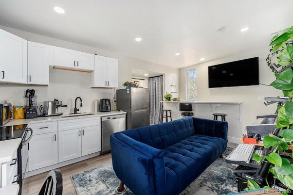 Interior, Kitchen, Living room, Recessed Lighting, Stainless Steel Appliances, Wood Texture Flooring