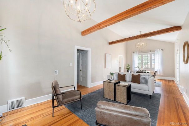 Chandelier, Interior, Living room, Wooden Beams, Wood Texture Flooring