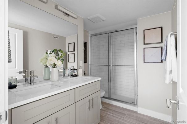 Bathroom, Dual Sink Vanities, Glass Shower, Interior, Wood Texture Flooring