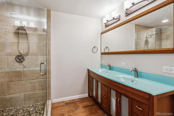 Bathroom, Glass Shower, Interior, Wood Texture Flooring