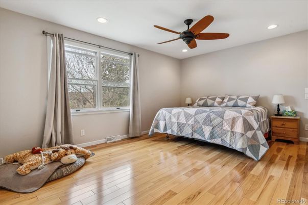 Bedroom, Interior, Recessed Lighting, Wood Texture Flooring