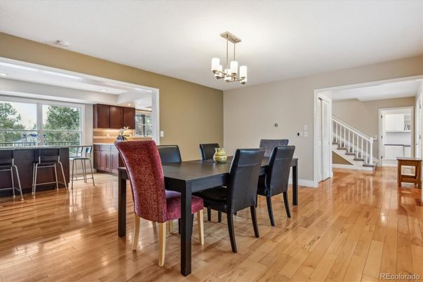 Dining room, Interior, Kitchen, Pendant Lights, Recessed Lighting, Wood Texture Flooring