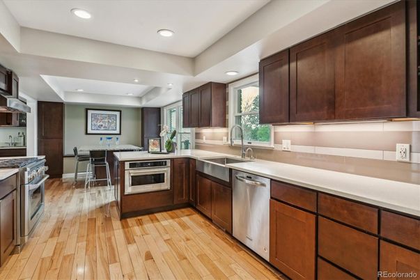 Interior, Kitchen, Recessed Lighting, Stainless Steel Appliances, Wood Texture Flooring