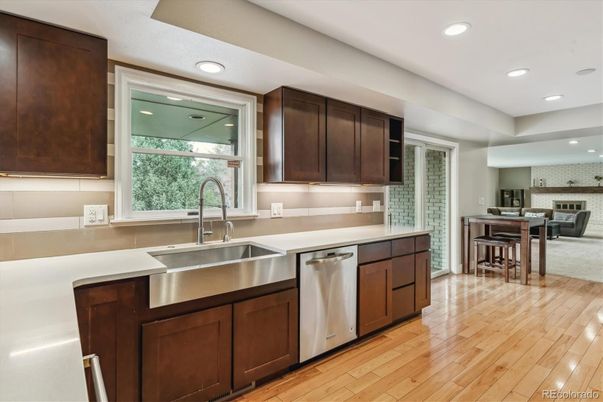 Dining room, Interior, Kitchen, Recessed Lighting, Stainless Steel Appliances, Wood Texture Flooring