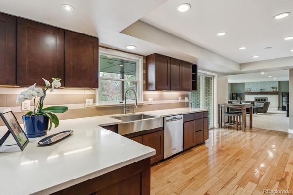 Dining room, Interior, Kitchen, Recessed Lighting, Stainless Steel Appliances, Wood Texture Flooring