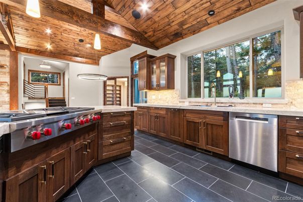 Interior, Kitchen, Pendant Lights, Recessed Lighting, Stainless Steel Appliances, Wooden Beams, Wooden Ceilings