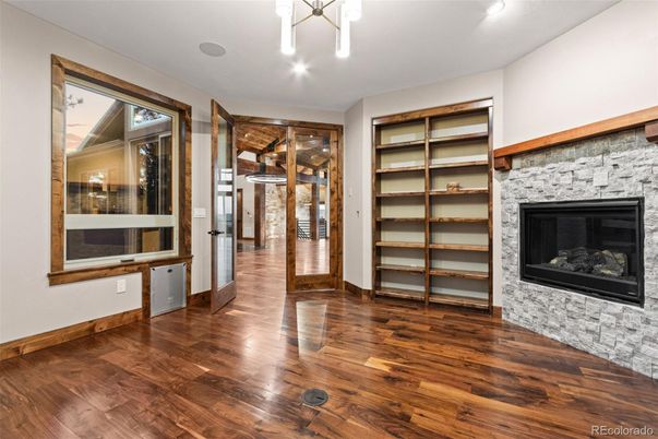 Empty room, Fireplace, Interior, Pendant Lights, Recessed Lighting, Wood Texture Flooring