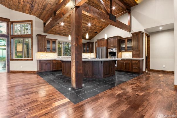 Interior, Kitchen, Pendant Lights, Stainless Steel Appliances, Wooden Beams, Wooden Ceilings, Wood Texture Flooring