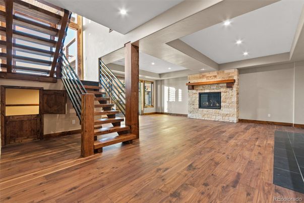 Empty room, Fireplace, Interior, Recessed Lighting, Wood Texture Flooring